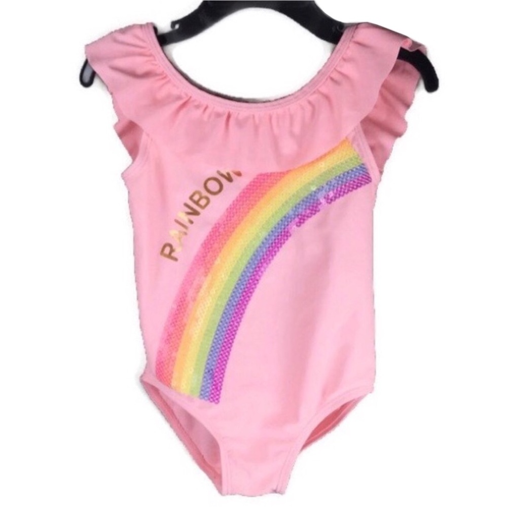 Primark Sequin Rainbow Ruffled Scoopback Pink One-Piece Swimsuit Girl’s Size 4/5